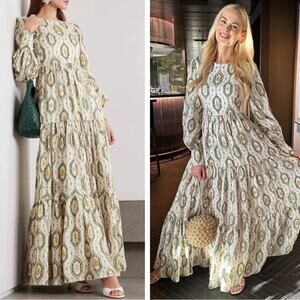 AGUA BY AGUA BENDITA Nuez Calado Long Sleeve Tiered Floral Linen Maxi Dress Sz S